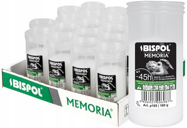 Parafínové náplne Bispol Memoria p165 do svietnikov, 45 hodín horenia, balenie 20 ks